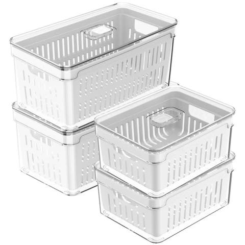 Clear Stackable Fridge Organizer Bin with Drain Basket and Vented Lid, 4 Pack