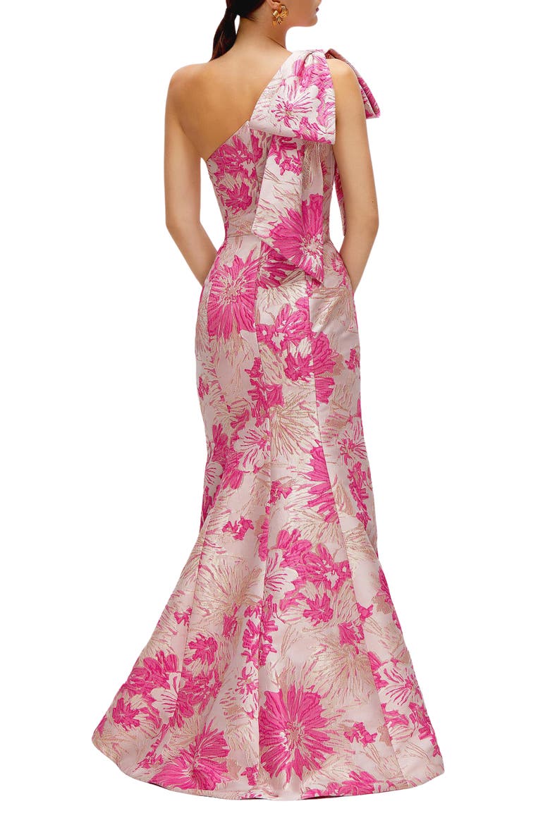 One-Shoulder Metallic Floral Jacquard Trumpet Gown, Alternate, color, PINK MULTI