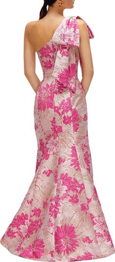 One-Shoulder Metallic Floral Jacquard Trumpet Gown