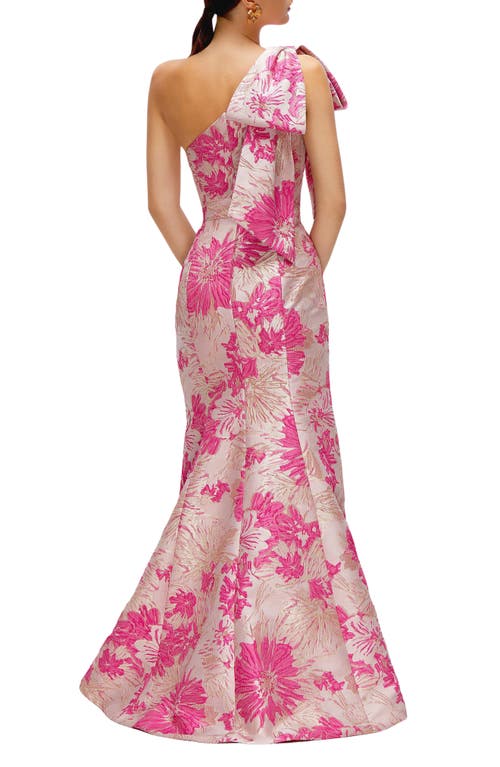 Alfred Sung One-shoulder Metallic Floral Jacquard Trumpet Gown In Pink Multi