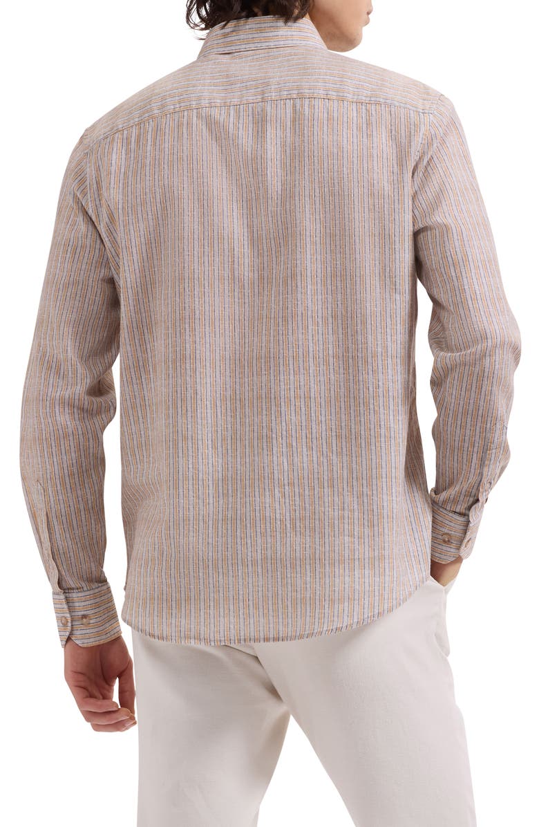 Bugatchi Austin Shaped Fit Stripe Cotton & Linen Button-Down Shirt, Alternate, color, Desert