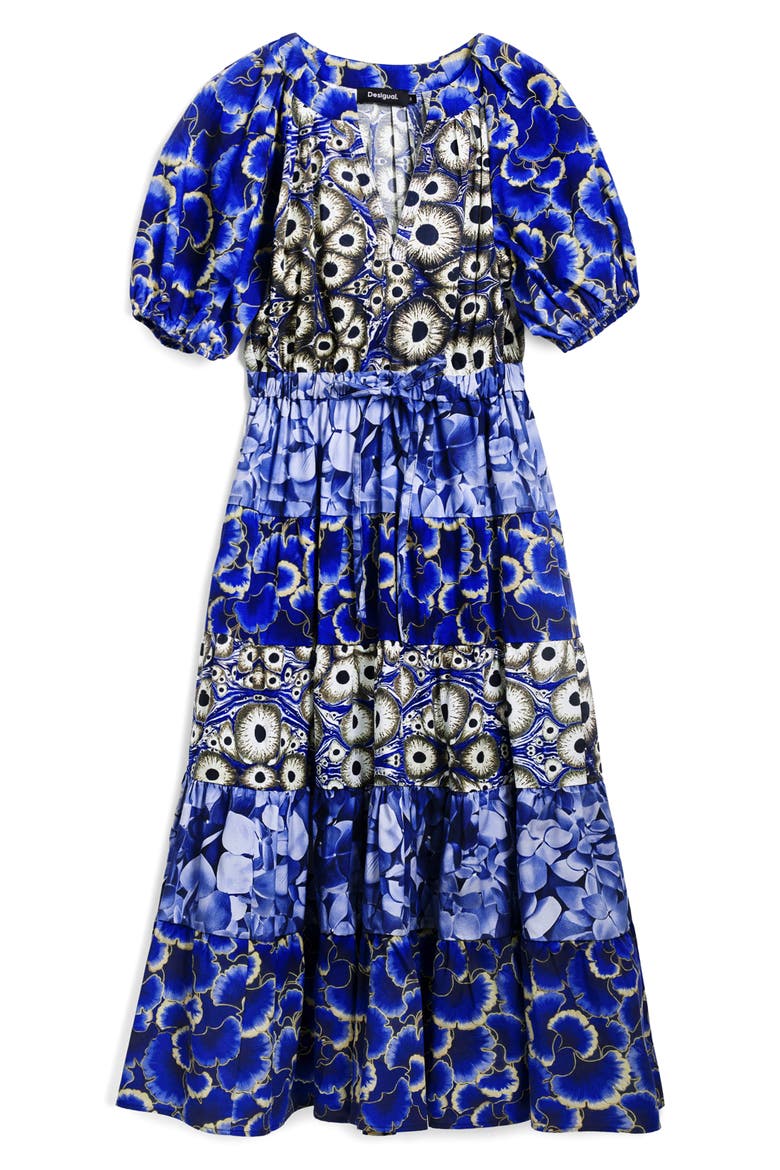 Mixed Print Tiered Midi Dress, Alternate, color, NAVY BLUE
