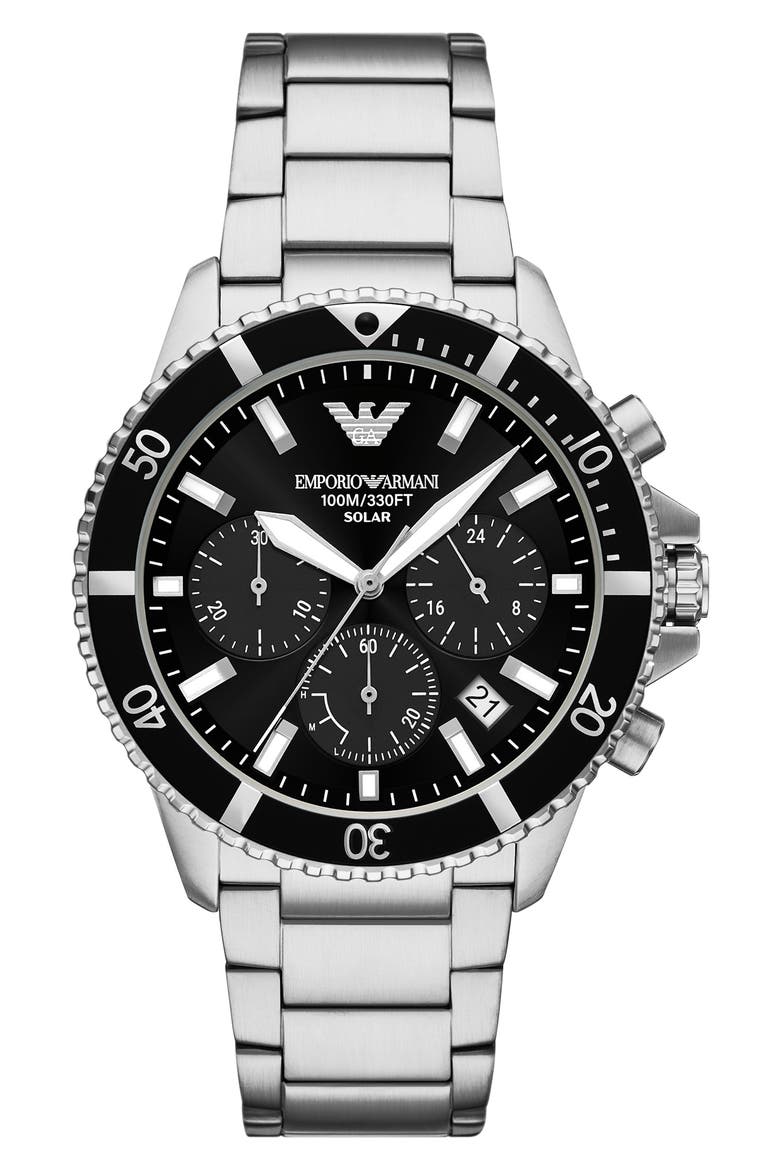 World Explorer Solar Chronograph Bracelet Watch, 43.5mm, Main, color, SILVER/ BLACK DIAL