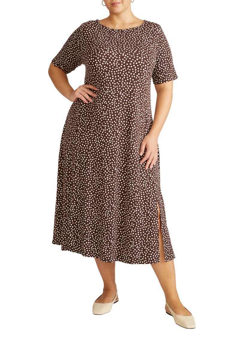 Serena Short Sleeve Jersey Midi Dress, Main, color, BROWN/ WHITE DOT