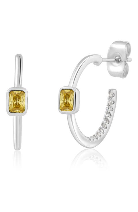 Bezel Set Birthstone Cubic Zirconia Hoop Earrings