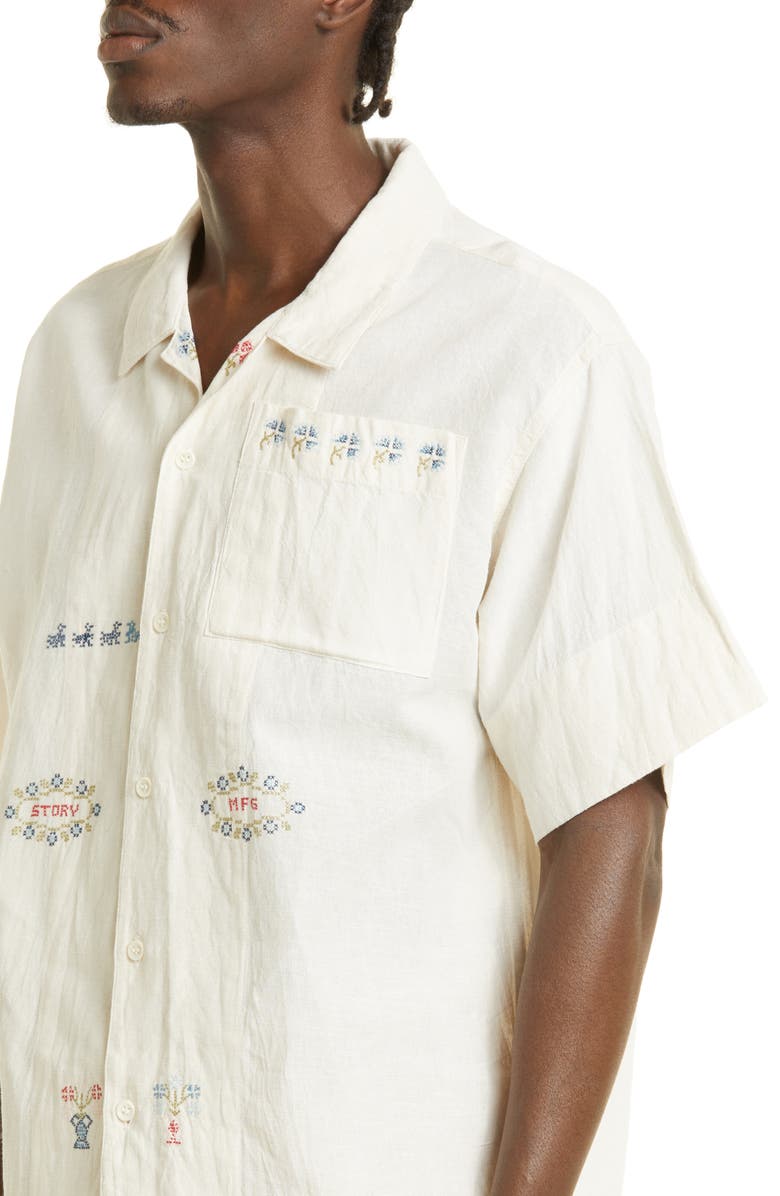 Story mfg. Greetings Hand Embroidered Floral Organic Cotton Camp Shirt, Alternate, color, 