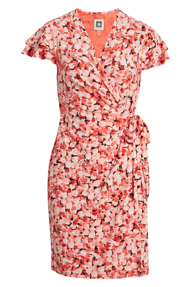 Abstract Floral Flutter Sleeve Wrap Dress, Alternate, color, RED PEAR MULTI