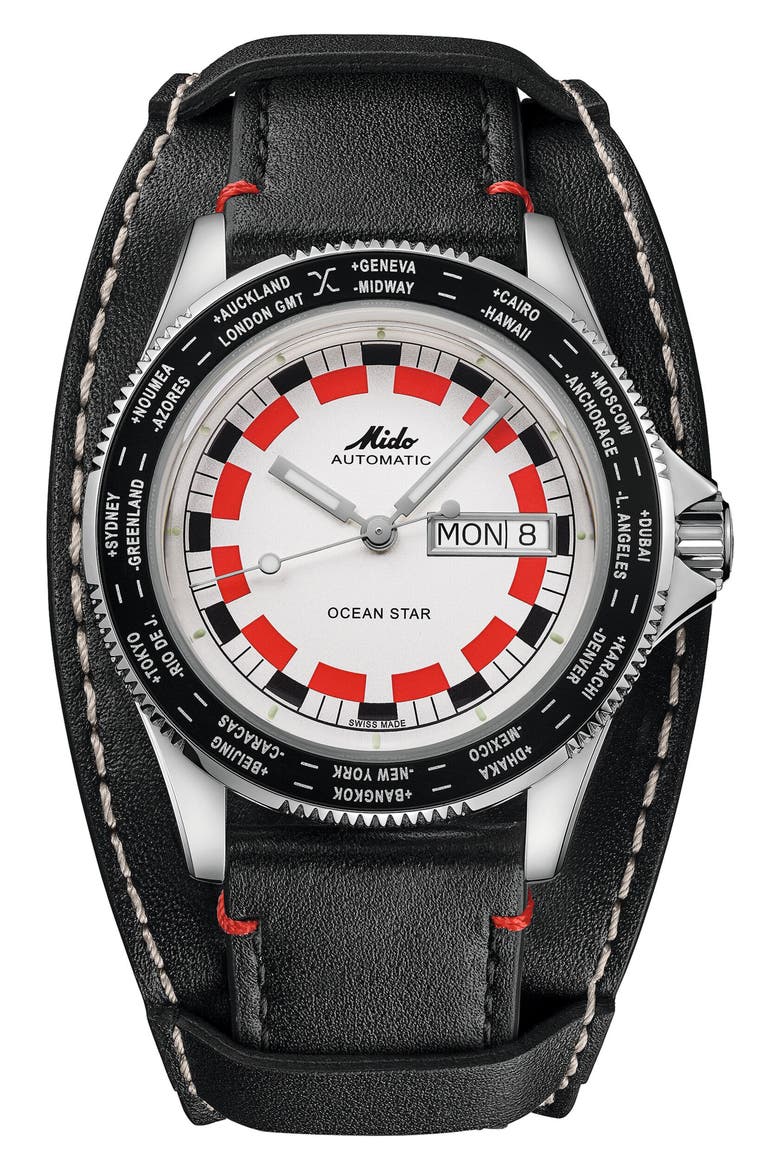 Ocean Star Worldtimer Automatic Leather Strap Watch, 40.5mm, Alternate, color, RED