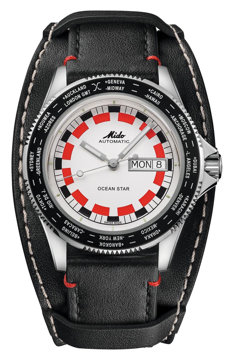 MIDO Ocean Star Worldtimer Automatic Leather Strap Watch, 40.5mm, Alternate, color, 