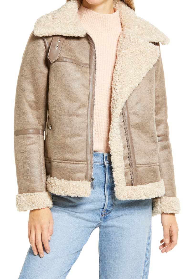 Short Faux Shearling Trim Aviator Jacket, Alternate, color, LT. KHAKI