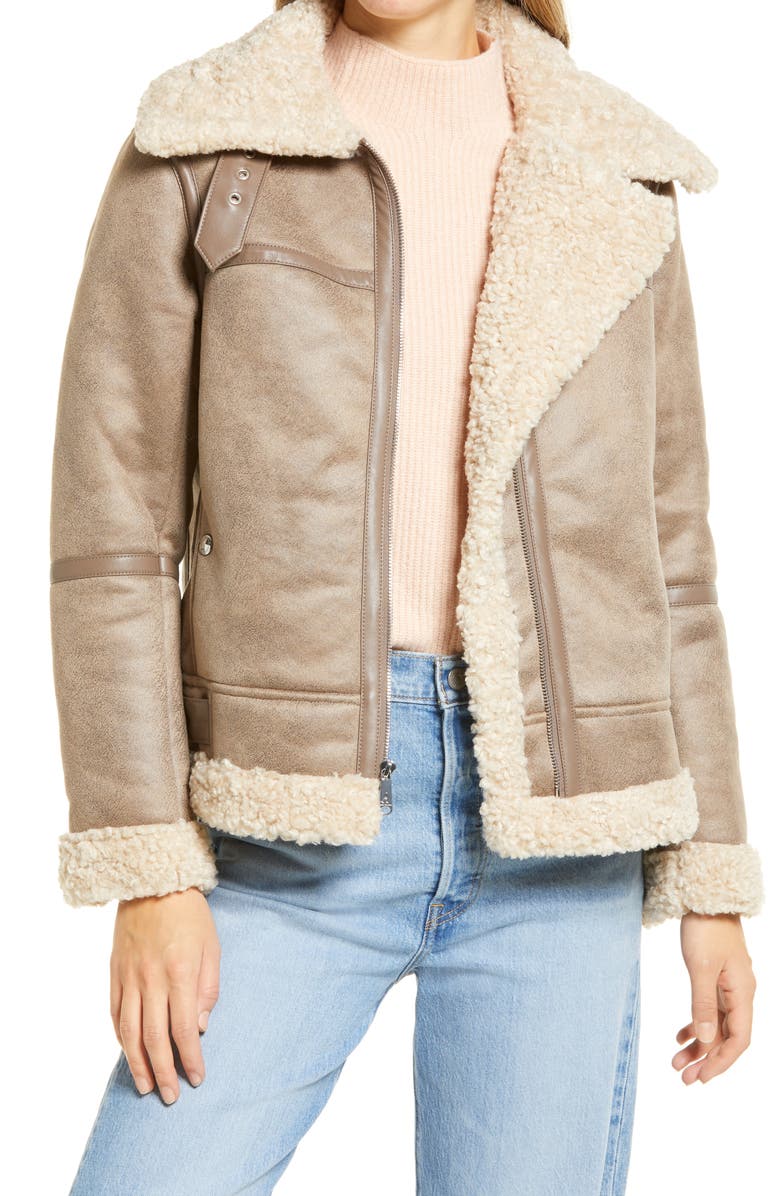 Sam Edelman Short Faux Shearling Trim Aviator Jacket, Alternate, color, Lt. Khaki