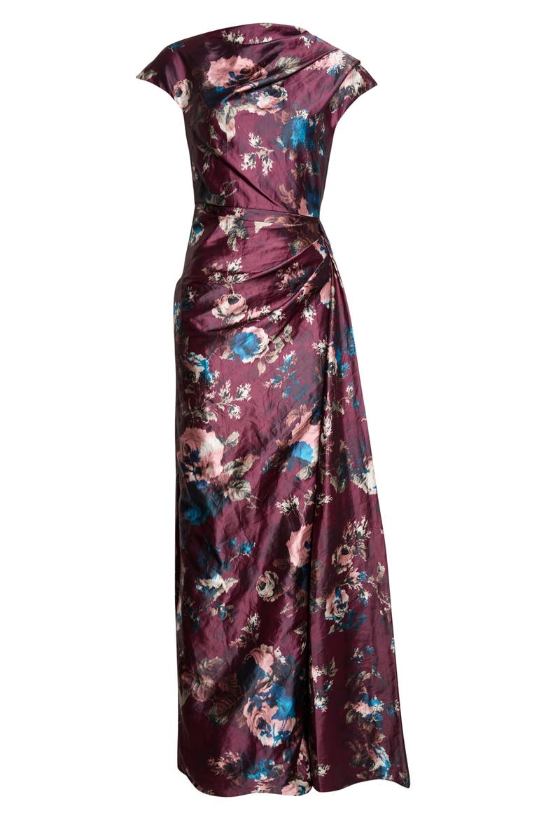 Floral Draped Textured Satin Gown, Alternate, color, FONTEYN ROSE BURGUNDY