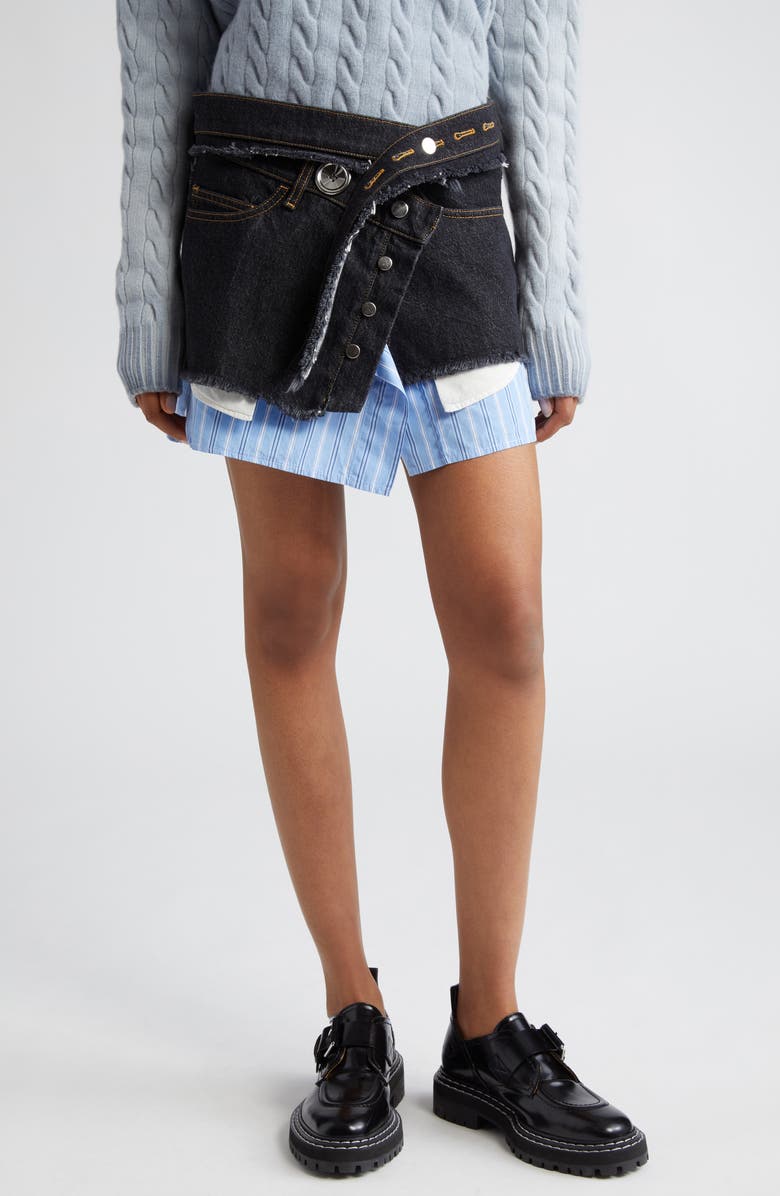 Meryll Rogge Stripe Cotton Poplin & Denim Wrap Miniskirt, Main, color, 