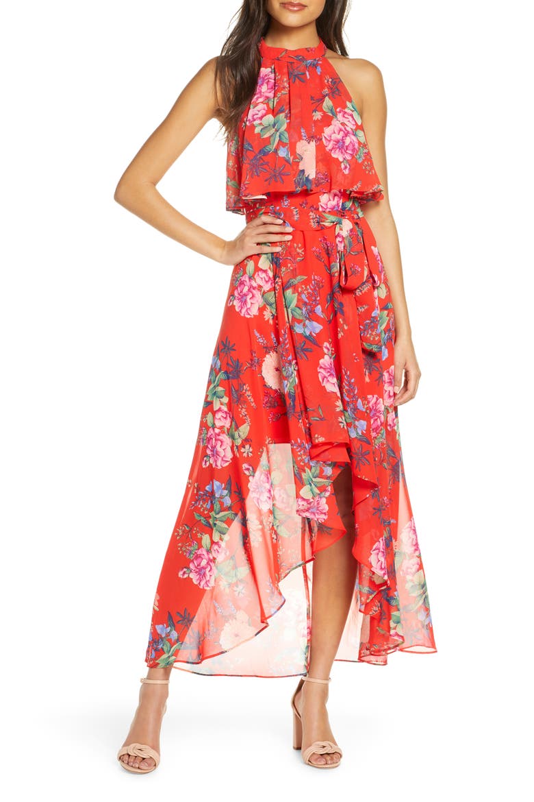 Popover Halter High/Low Chiffon Maxi Dress, Main, color, RED