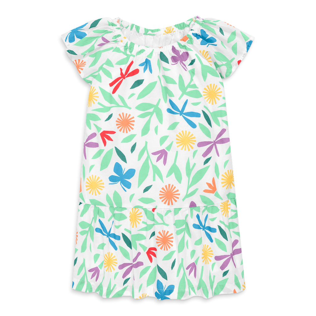 Primary Kids Swing Dress In Bright Backyard In White Backyard Print
