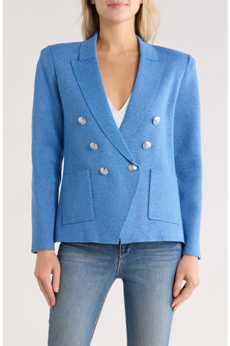 Kenzie Metallic Double Breasted Knit Blazer, Main, color, HARBOR BLUE/SILVER
