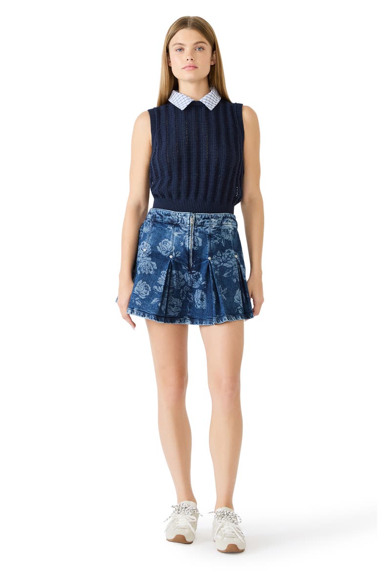 Joan Floral Pleated Denim Miniskirt, Alternate, color, ROSE FROST