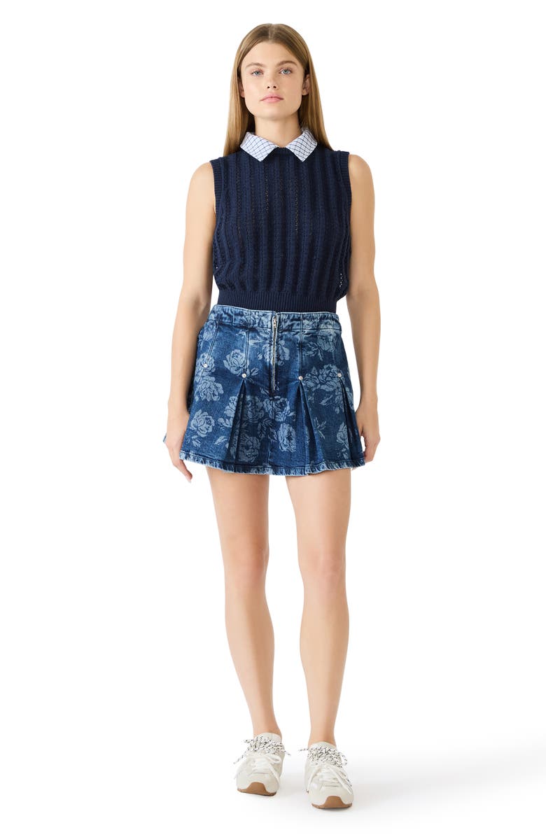 Steve Madden Joan Floral Pleated Denim Miniskirt, Alternate, color, Rose Frost