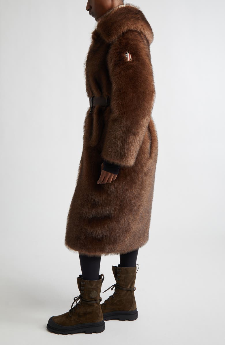 Moncler Grenoble Arly Belted Down Faux Fur Long Coat, Alternate, color, Brown
