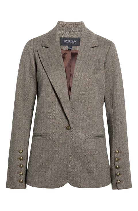 Button Sleeve Herringbone Tweed Jacket