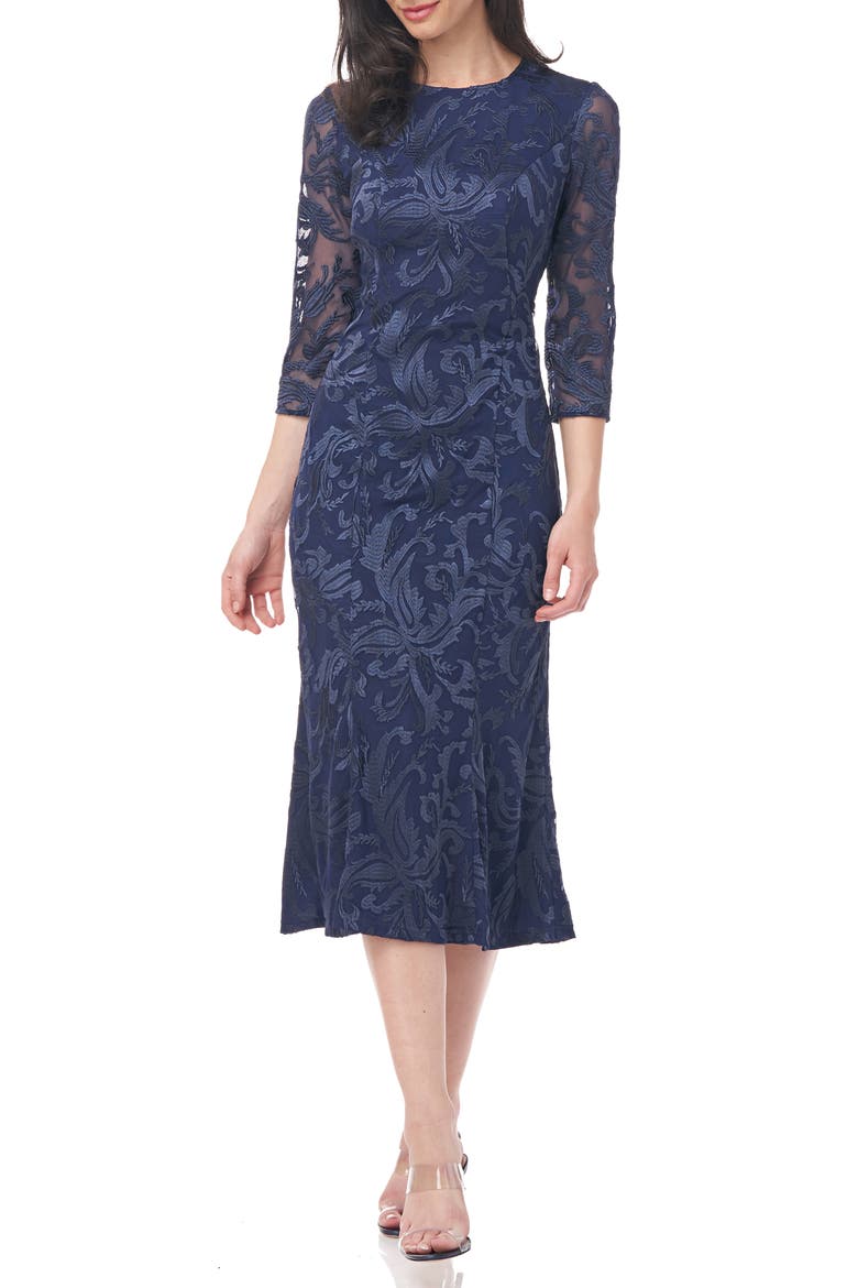 Cecily Embroidered Midi Cocktail Dress, Main, color, NAVY/ NAVY