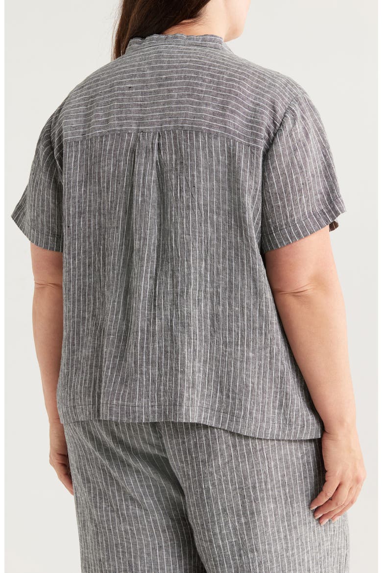 Mandarin Collar Organic Linen Button-Up Shirt, Alternate, color, BLACK/ WHITE