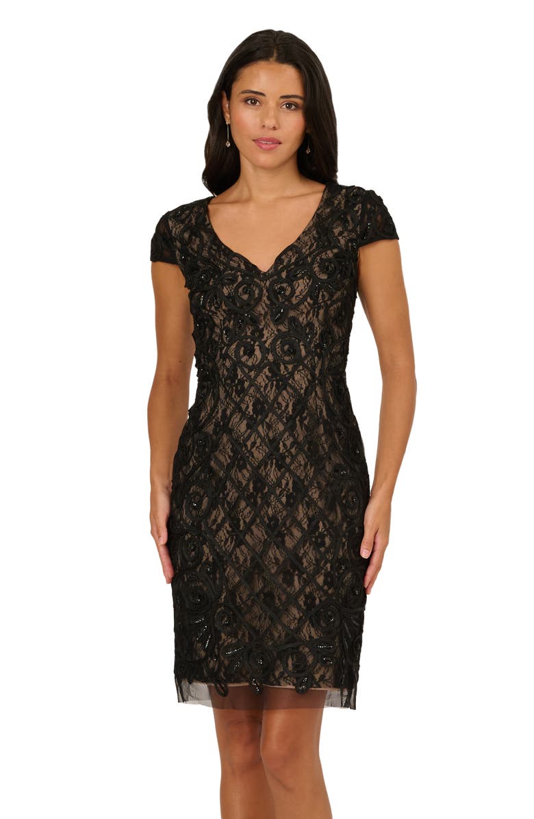 Adrianna Papell Beaded Soutache Sheer Lace Overlay Sheath Cocktail Dress, Alternate, color, Black/ Beige