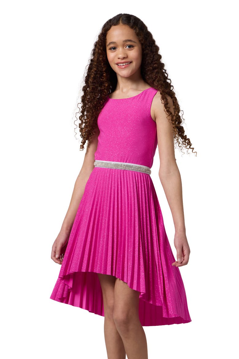 Glitter Pleated High Low Dress with Belt, Main, color, Fuchsia