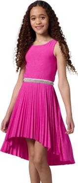 Un Deux Trois Glitter Pleated High Low Dress with Belt
