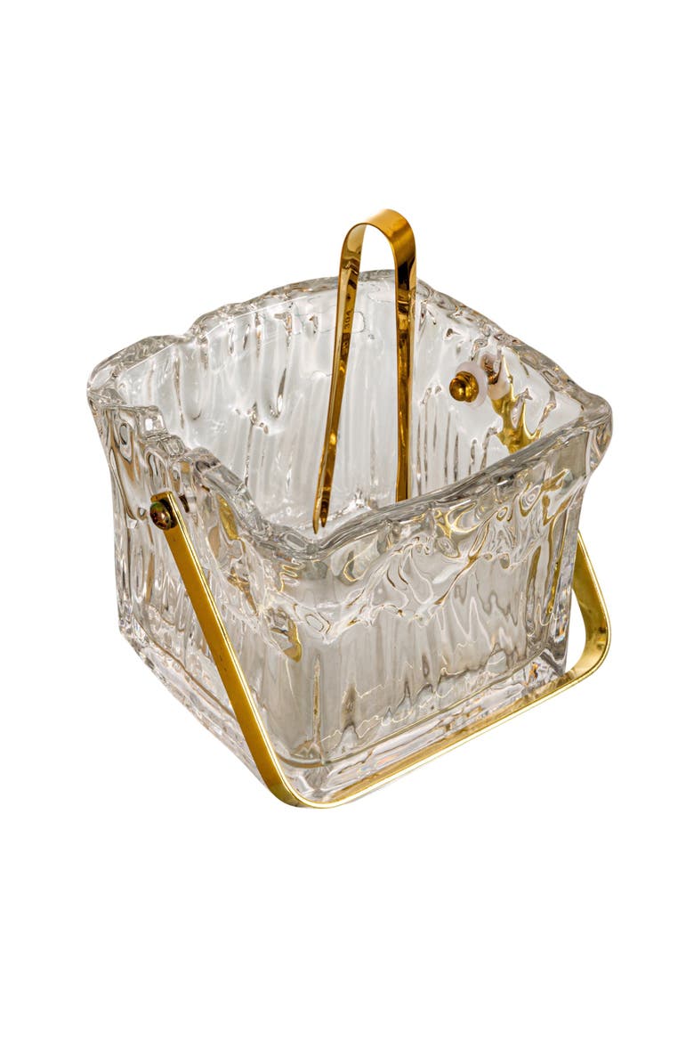 24-Ounce Textured Glass Ice Bucket with Gold Finish Handle and Tongs, Clear/Gold, Main, color, Gold