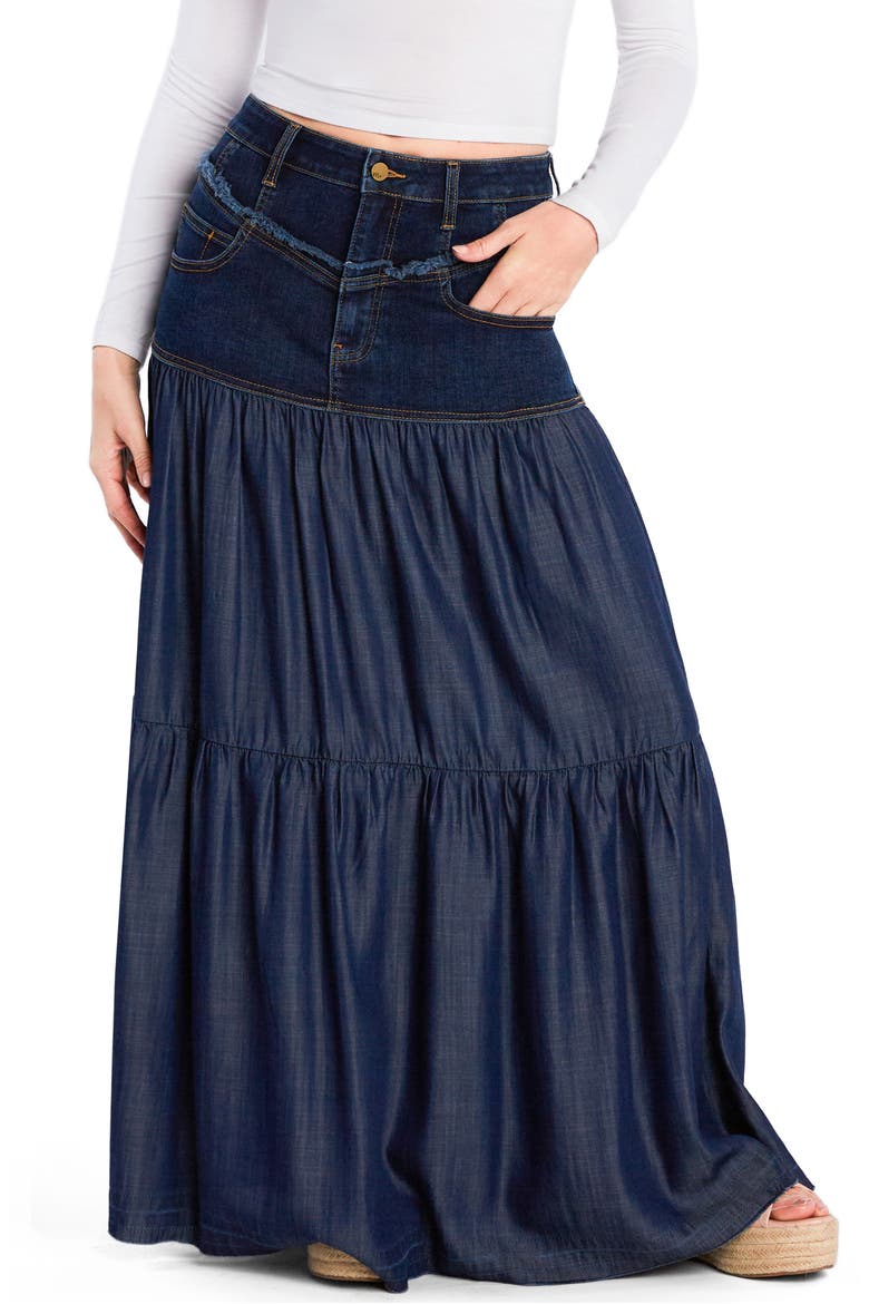 Contrast Tiered Denim Maxi Skirt, Main, color, ANTIQUE BLUE