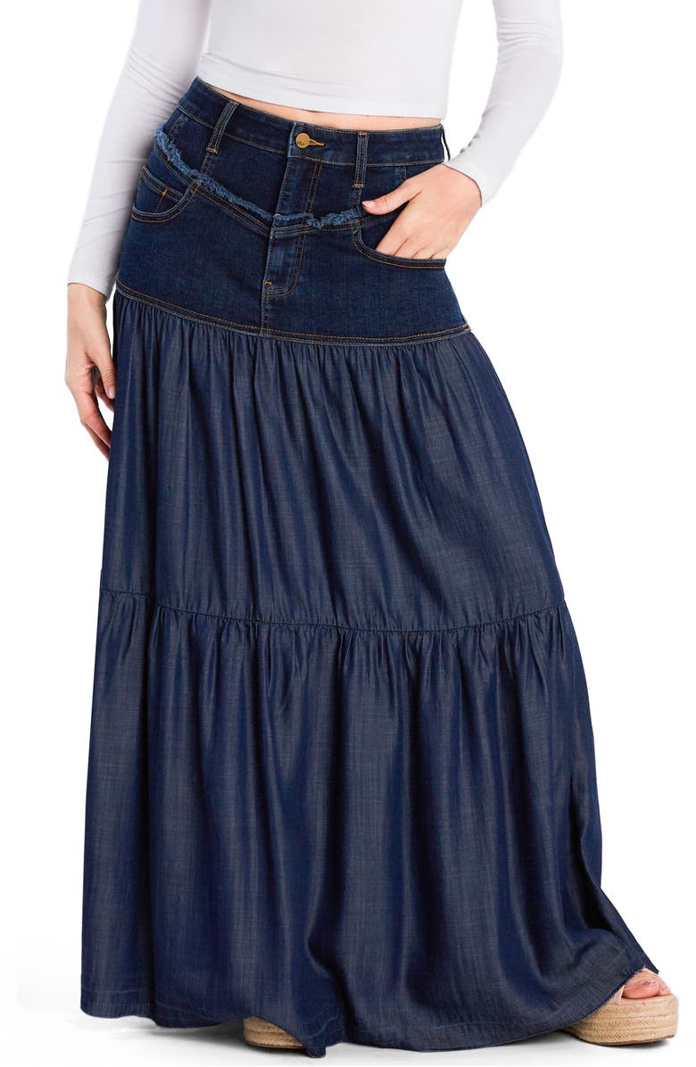 Wash Lab Denim Contrast Tiered Denim Maxi Skirt, Main, color, Antique Blue