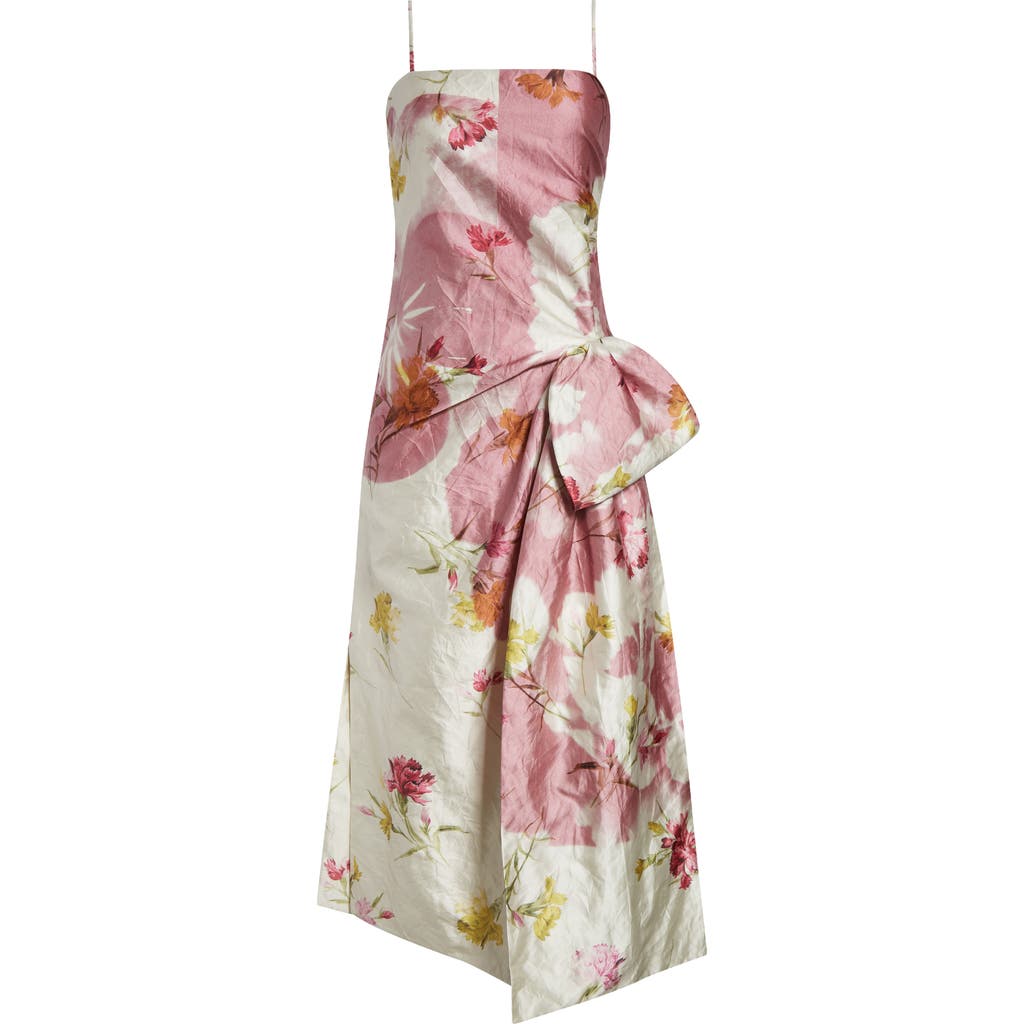 Shop Erdem Dancing Carnation Print Rumpled Satin Draped Cocktail Dress In Dancing Carnation Cinder Rose