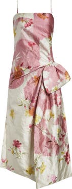 Erdem Dancing Carnation Print Rumpled Satin Draped Cocktail Dress