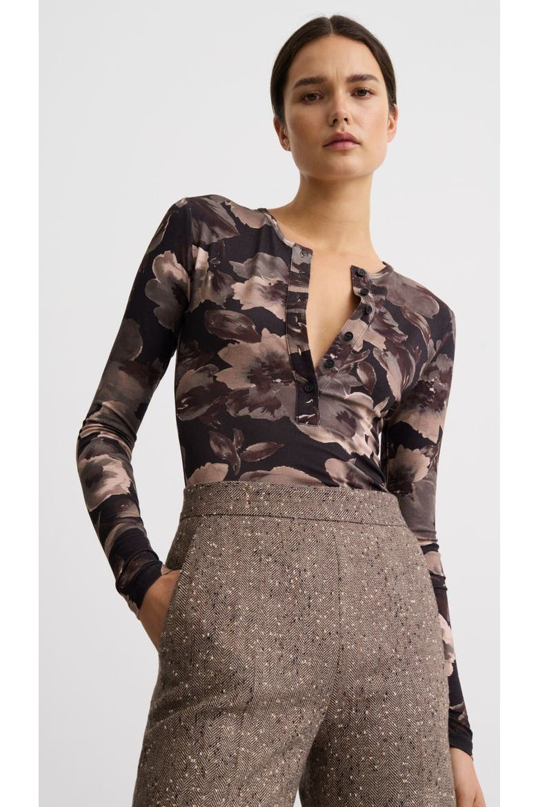 Scrunch Sleeve Henley Tee, Main, color, Carbon Floral