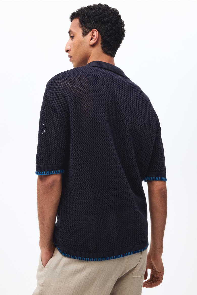 Relaxed Fit Hole-knit Resort Shirt, Alternate, color, Navy blue/palm tree