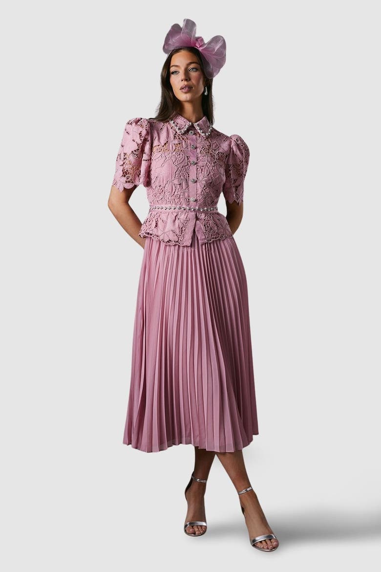 Lace Top Pleat Skirt Jewel Button Dress, Main, color, Pink