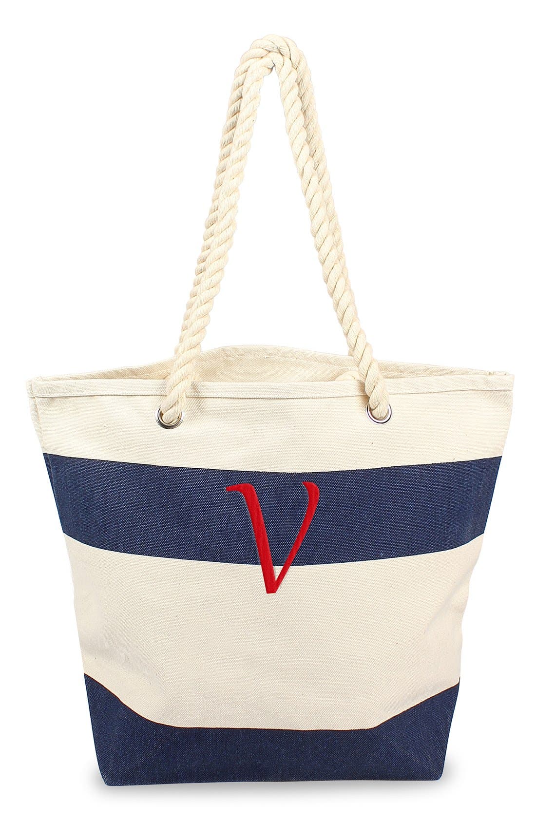 Cathy's Concepts Monogram Stripe Canvas Tote, Main, color, 