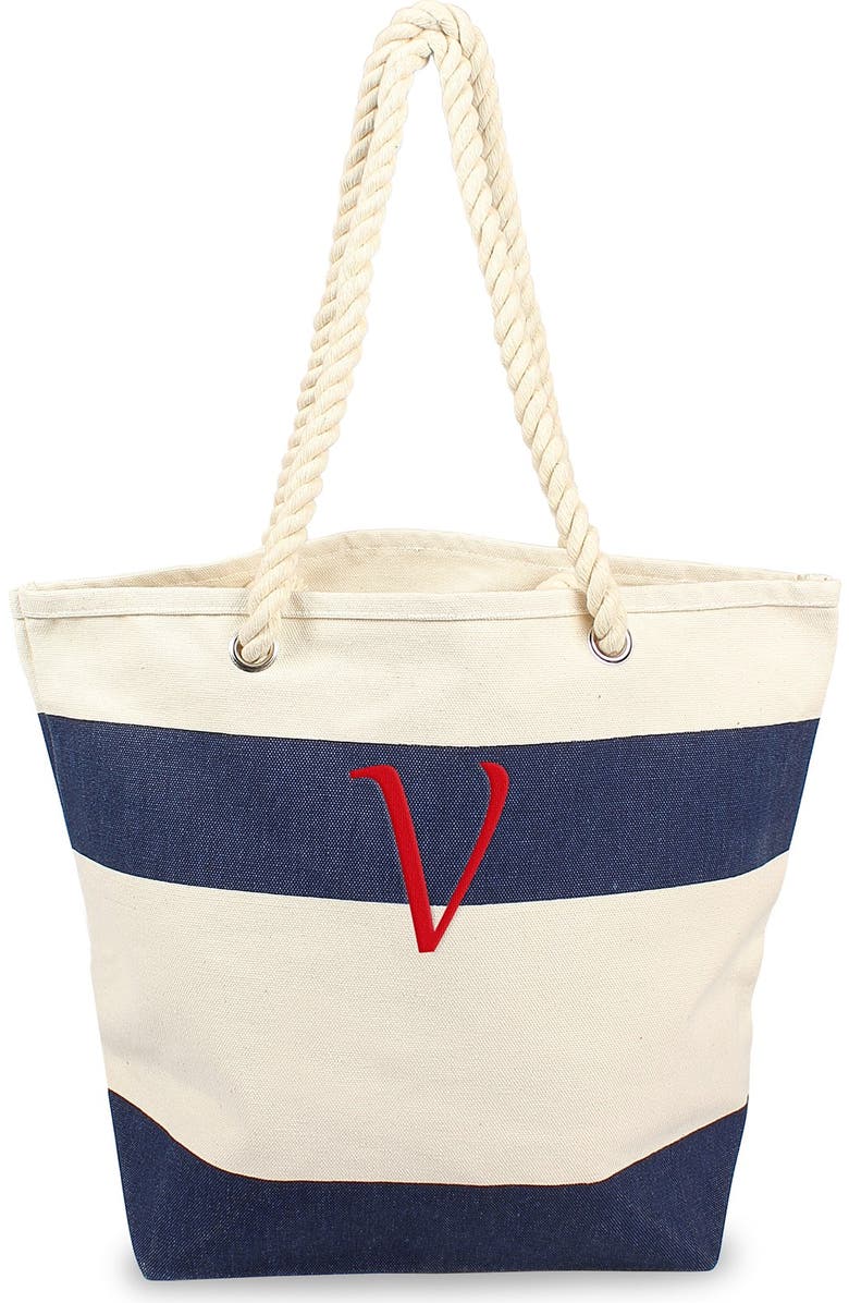 Cathy's Concepts Monogram Stripe Canvas Tote, Main, color,