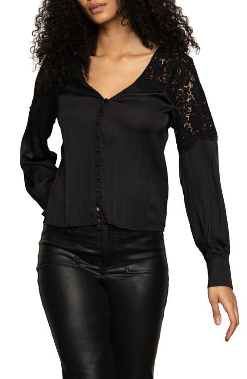 Sanctuary Falling Forward Lace Detail Crinkle Sateen Button-up Shirt In Black
