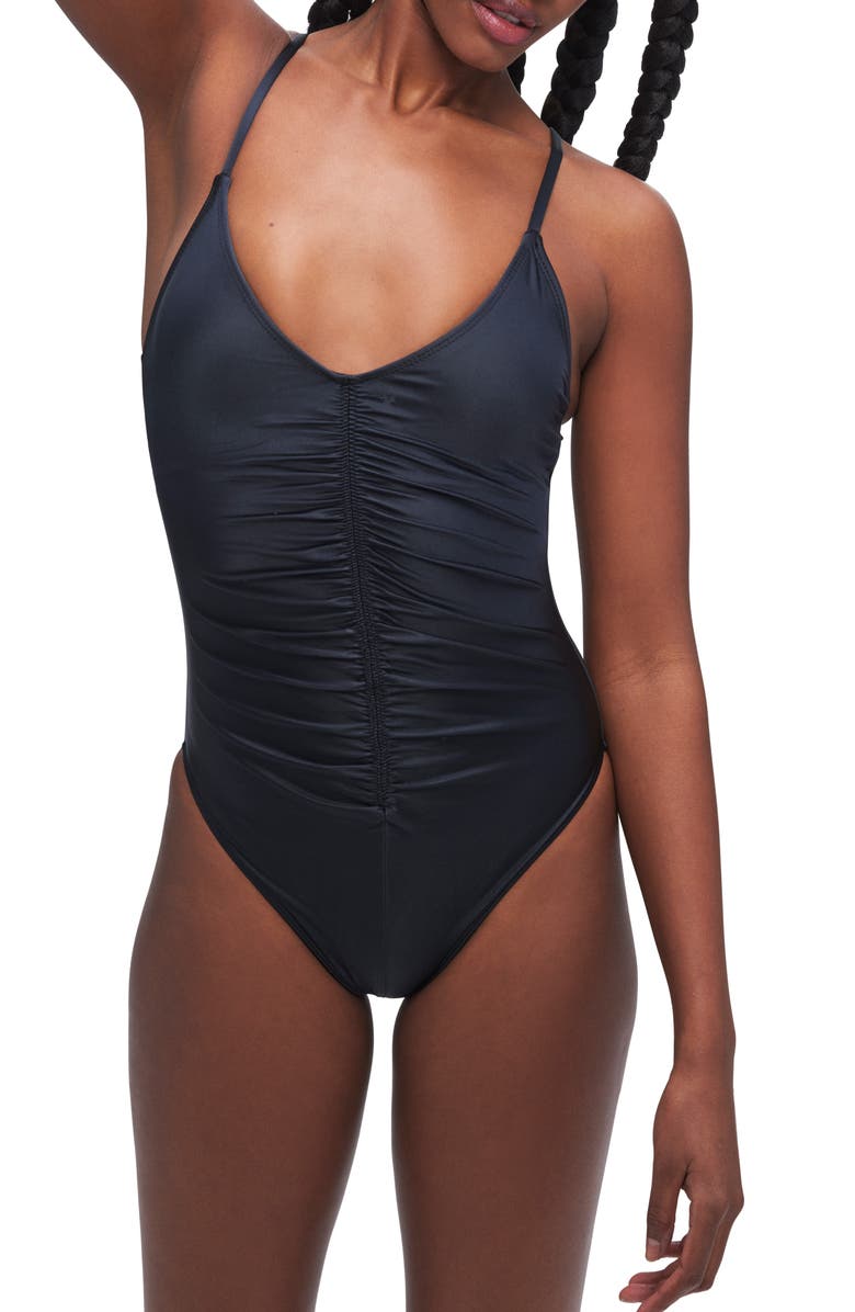 Good American Always Ruched One-Piece Swimsuit, Main, color, Black001