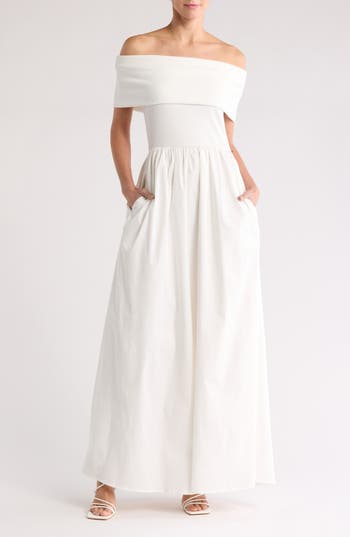BY DESIGN LOVE BY DESIGN MONET OFF-THE-SHOULDER MIXED MEDIA MAXI DRESS