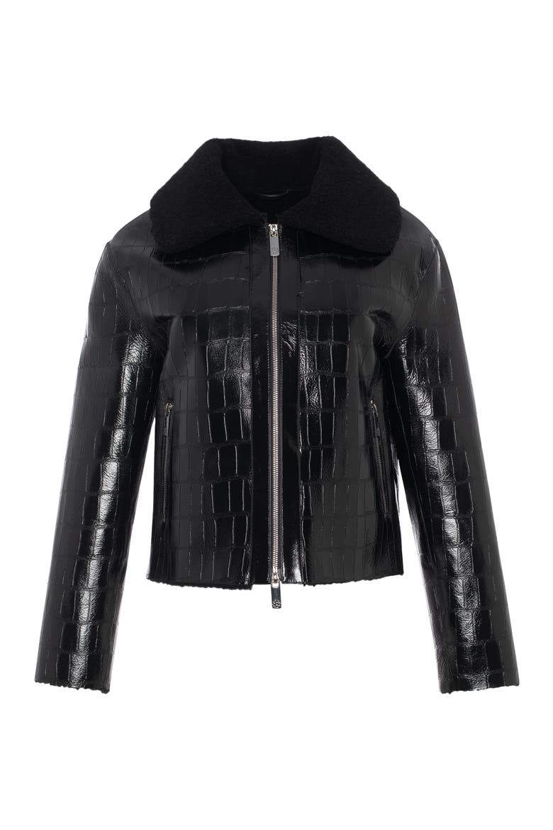 Genuine Shearling Croco Embossed Zip Jacket, Alternate, color, Black