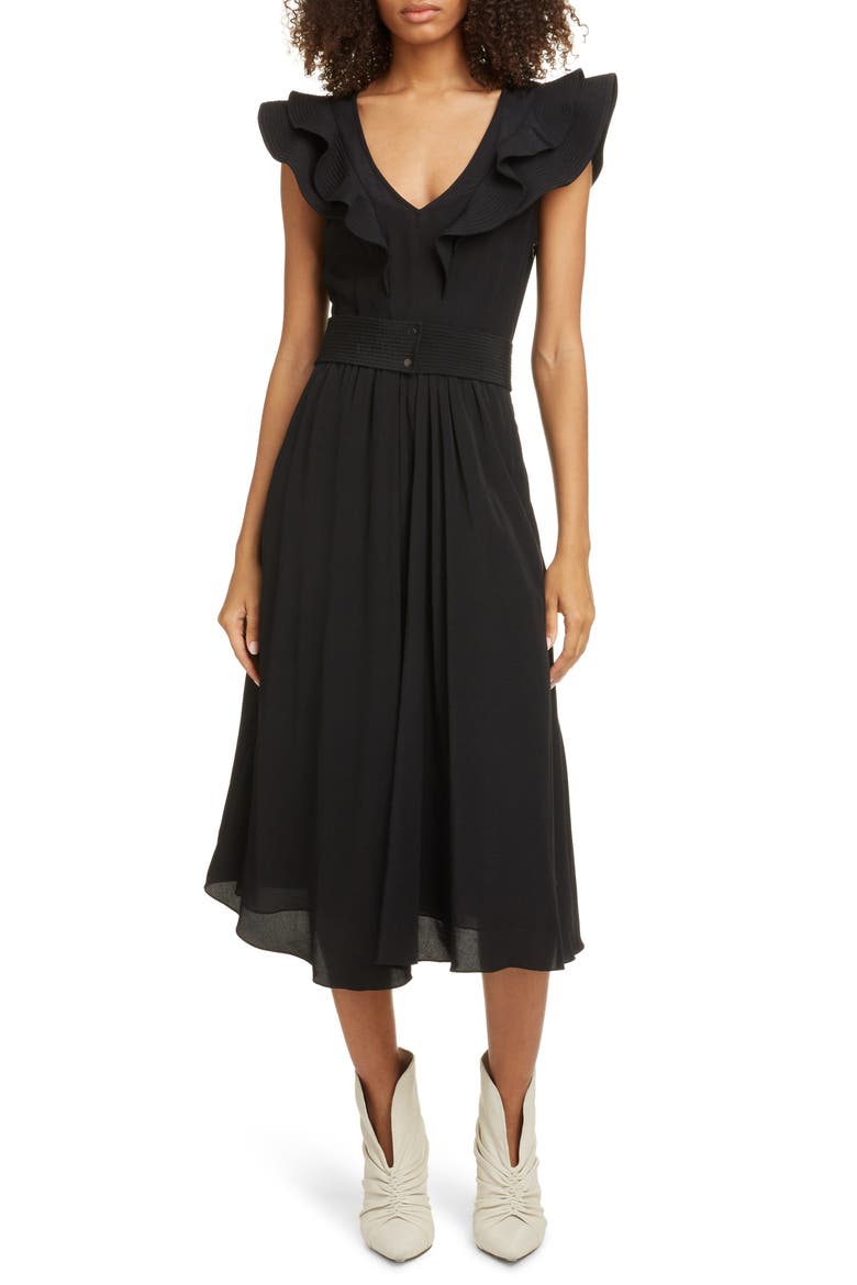 Coraline Ruffle Trim Midi Dress, Main, color, BLACK