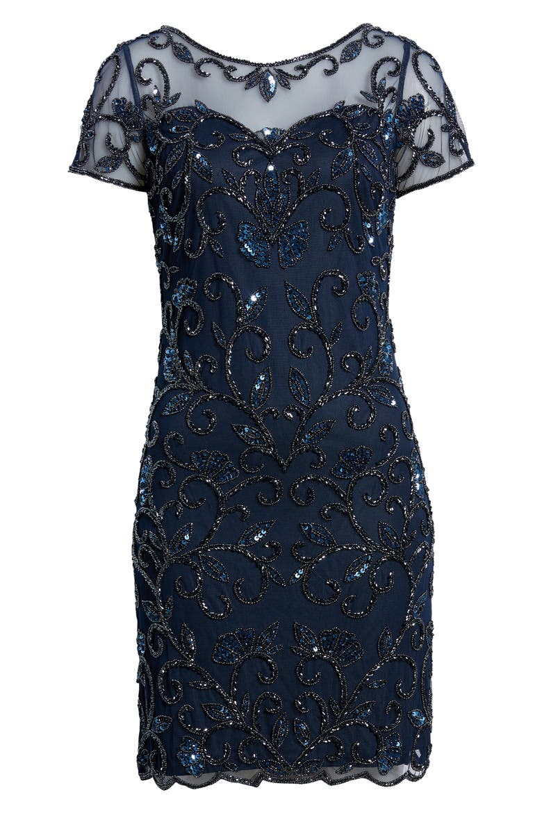 Illusion Beaded Cocktail Dress, Alternate, color, NAVY
