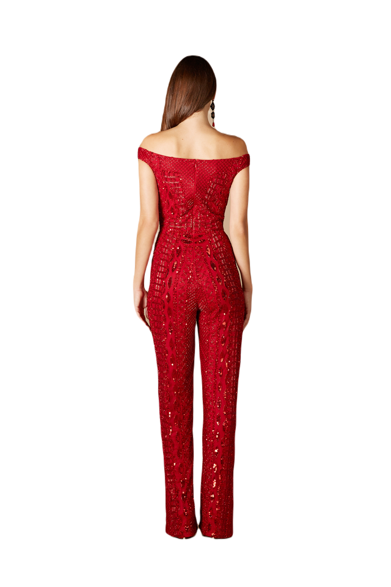 Beaded Off Shoulder Jumpsuit, Alternate, color, Red
