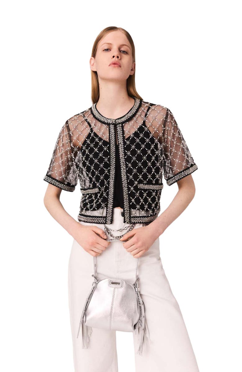 maje Embroidered tulle top, Alternate, color, Black