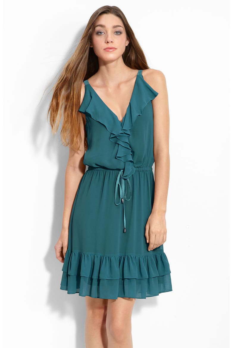 Ruffle Front Print Chiffon Dress, Main, color, TEAL