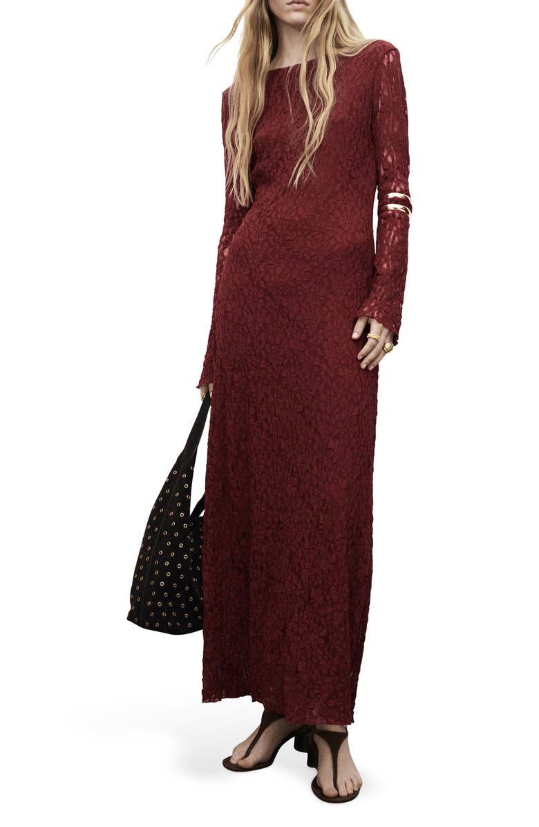 MANGO Long Sleeve Lace Maxi Dress, Main, color, Wine