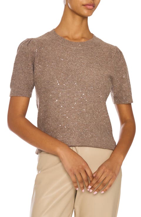 Sequin Puff Sleeve Crewneck Sweater